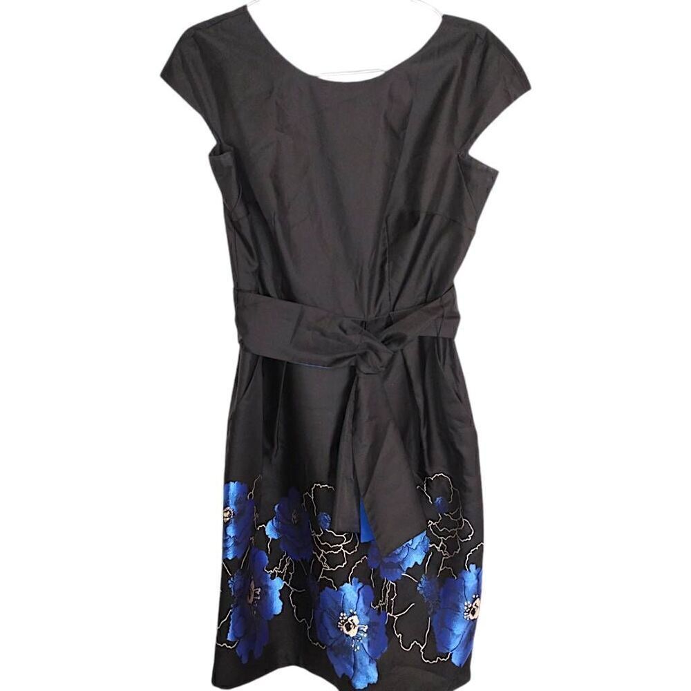 ALEX Womens Dress Sz 6 Evenings Black Blue Floral Sheath Cap Sleeves Taffeta